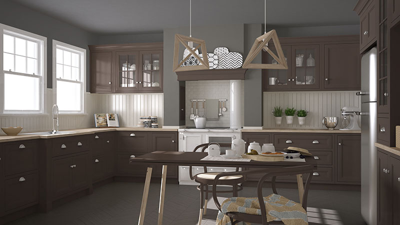 斯堪的納維亞的經典廚房，木製和棕色的細節與灰色的地板融合