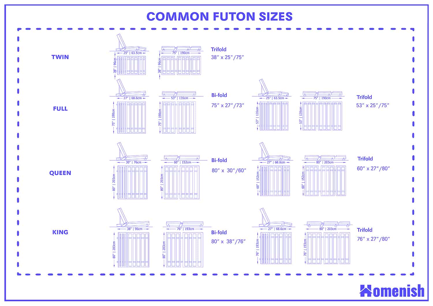 futon mattress sizes chart