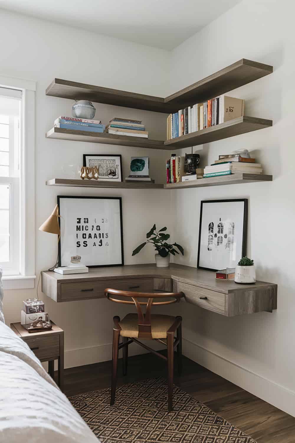 Compact Corner Desk with Floating Shelves