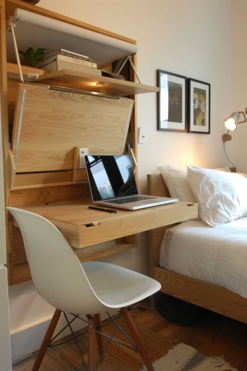 Foldable Wall Desk with Hidden Storage in a bedroom