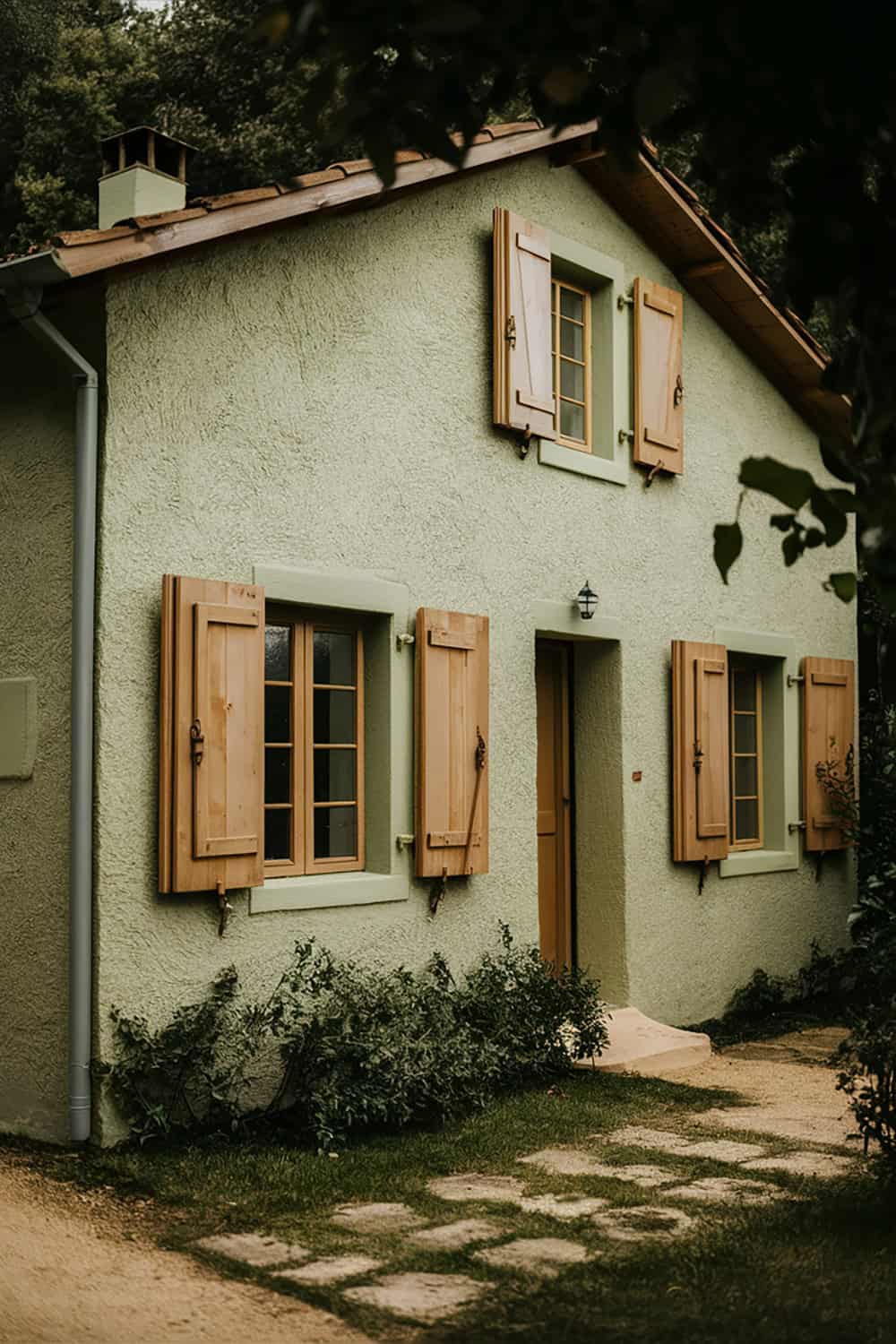 Green Stucco House with Wooden Shutters