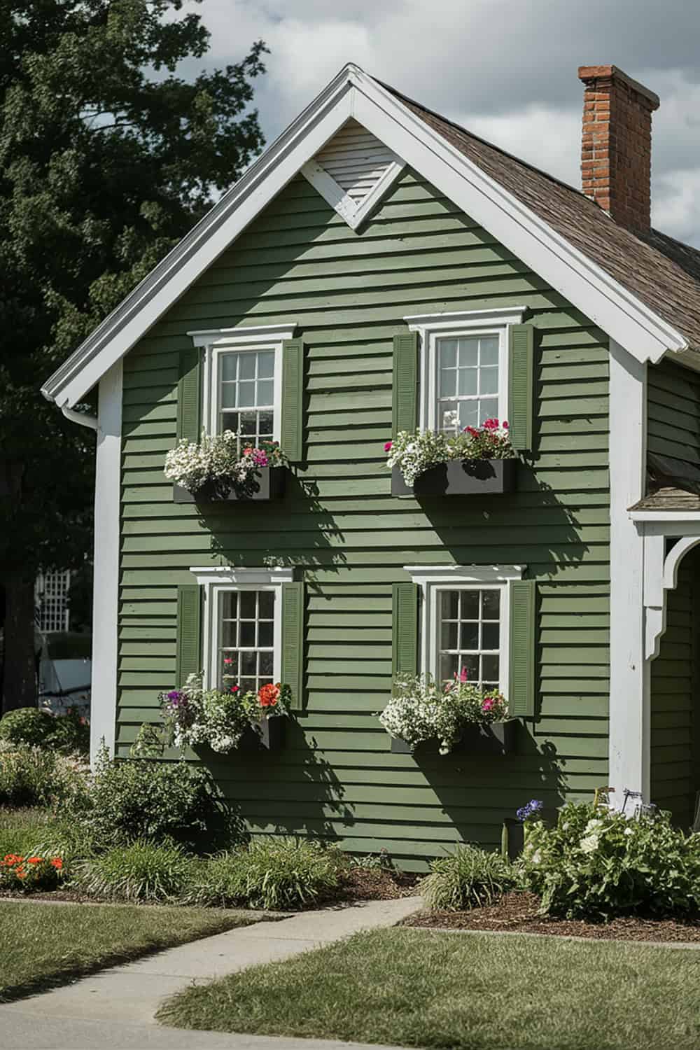 Rustic Green Cottage with Flower Boxes