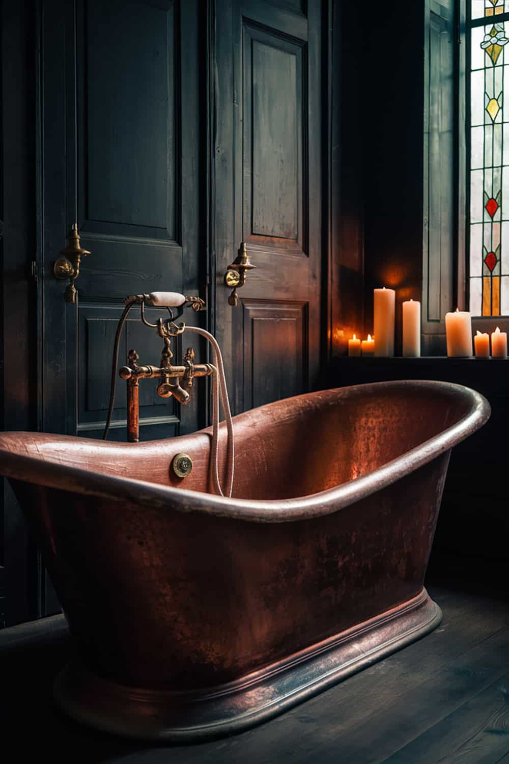 Aged Copper Bathtub with Moody Lighting