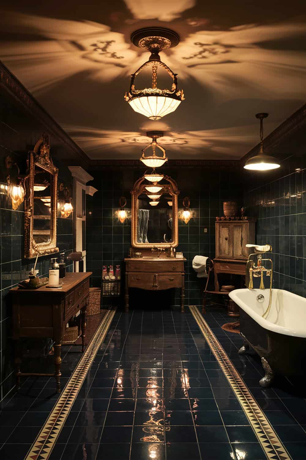 Antique Brass Lighting with Dark Tile Flooring