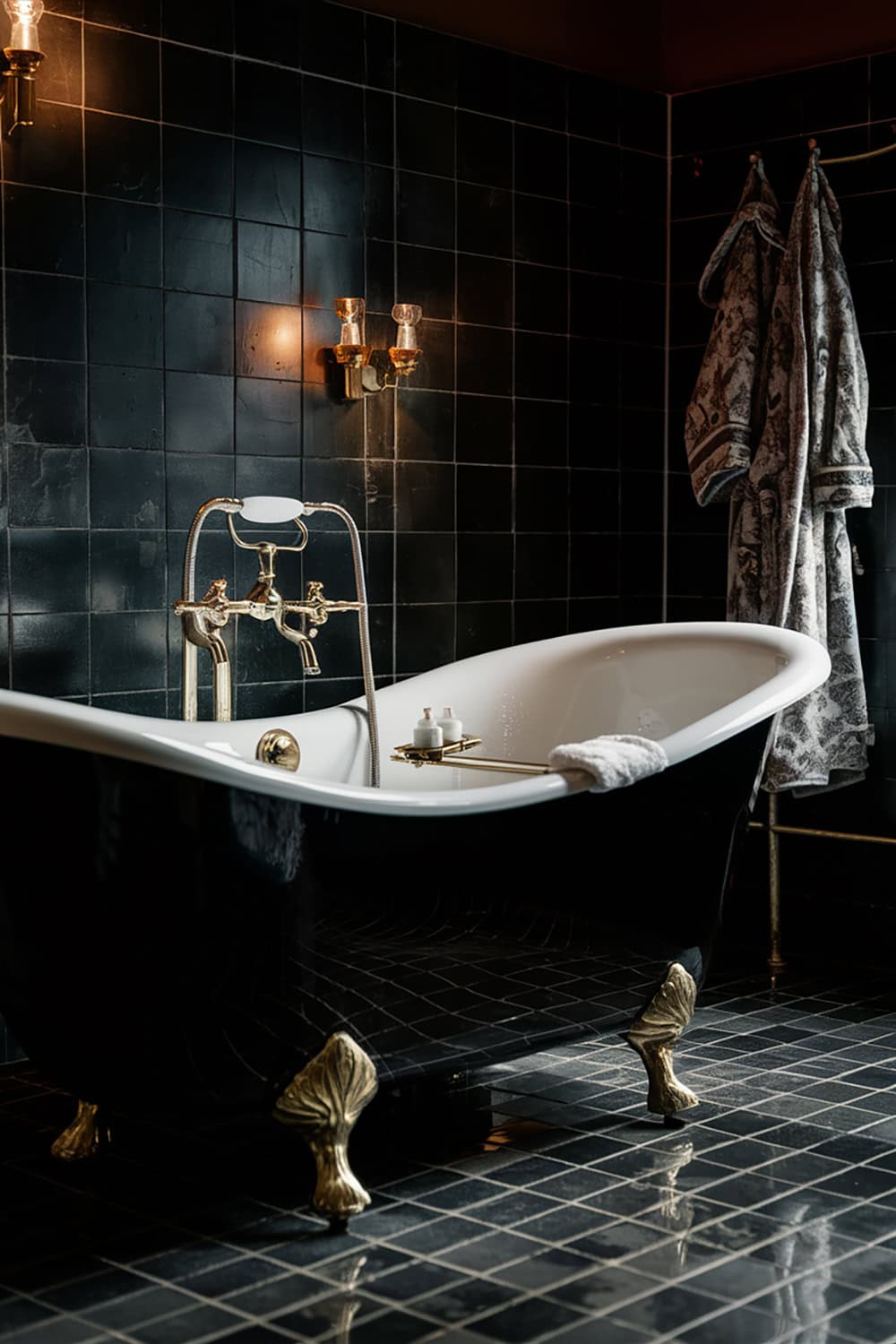 Black Bathtub with Brass Accents