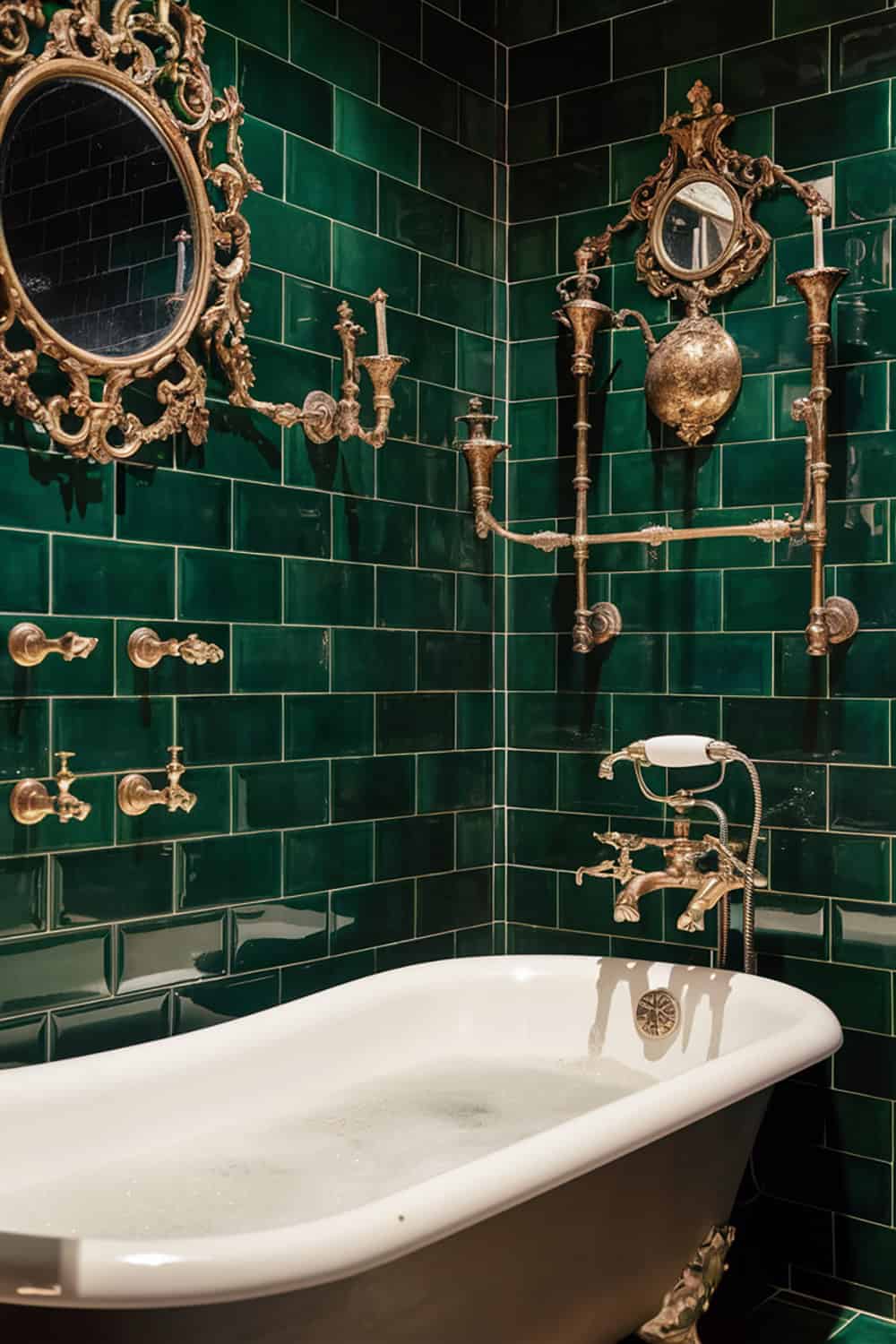 Dark Green Tile Walls with Brass Fixtures