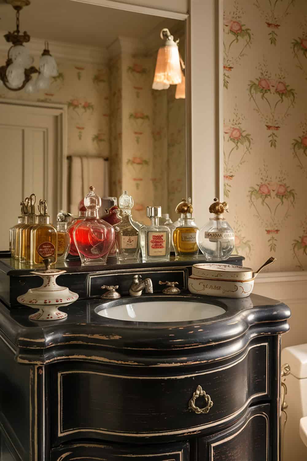 Dark Wood Vanity with Vintage Accessories