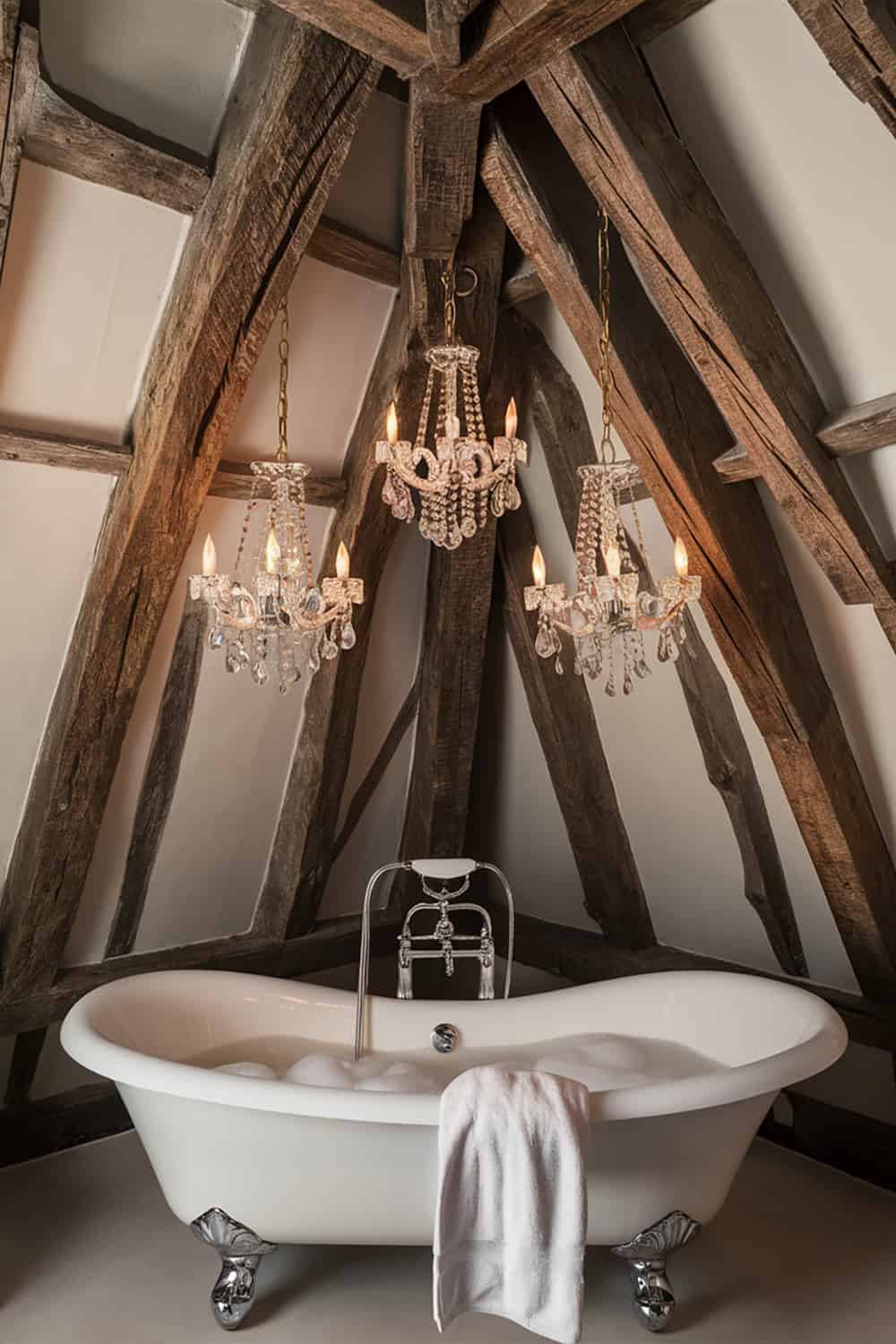 Dark Wooden Beams and Vintage Chandeliers