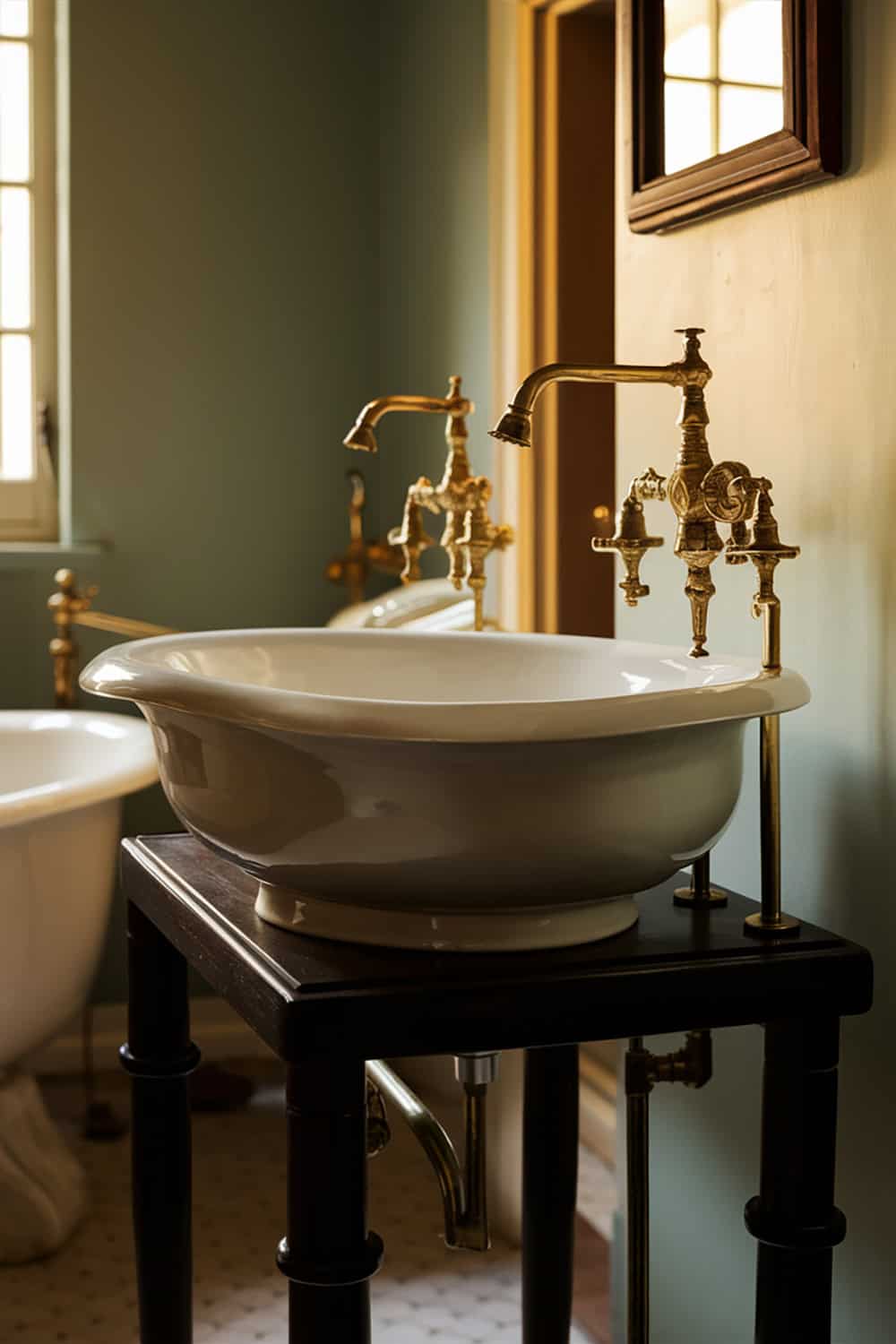 Freestanding Sink with Dark Wood Stand