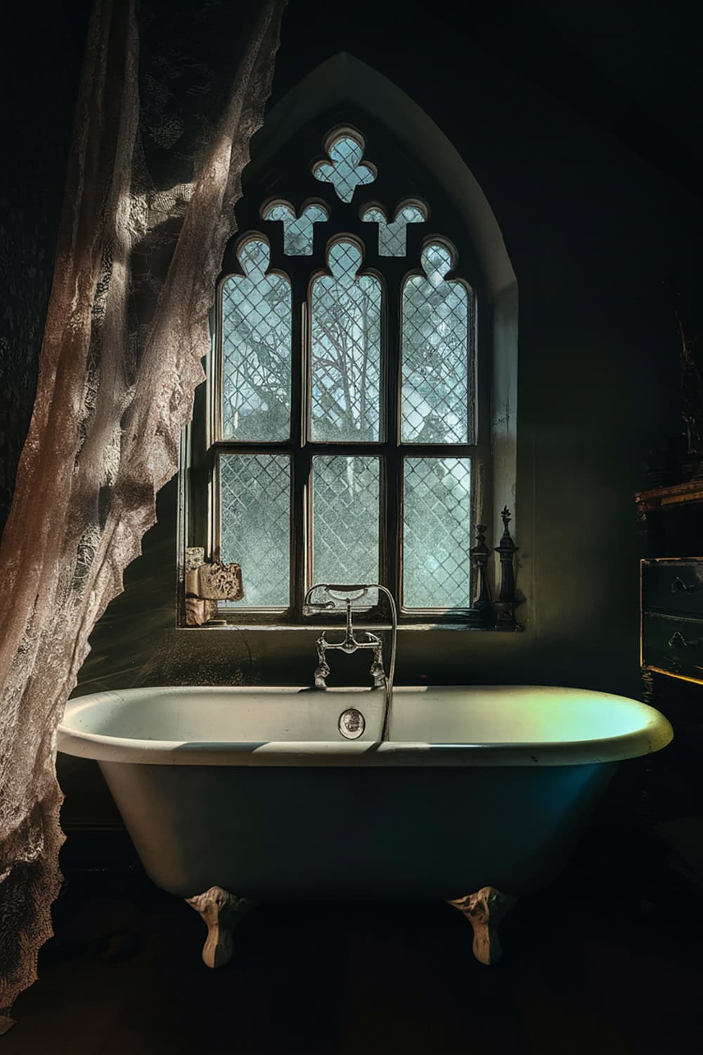 Gothic Arched Window with Vintage Bath