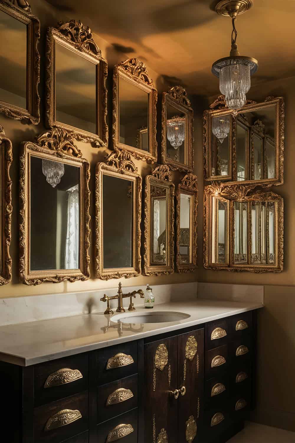 Ornate Vintage Mirrors and Dark Cabinetry