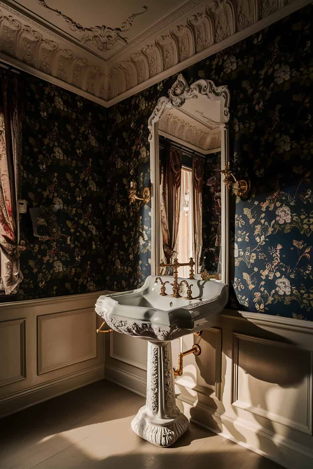 Victorian Style Bathroom with Dark Floral Wallpaper