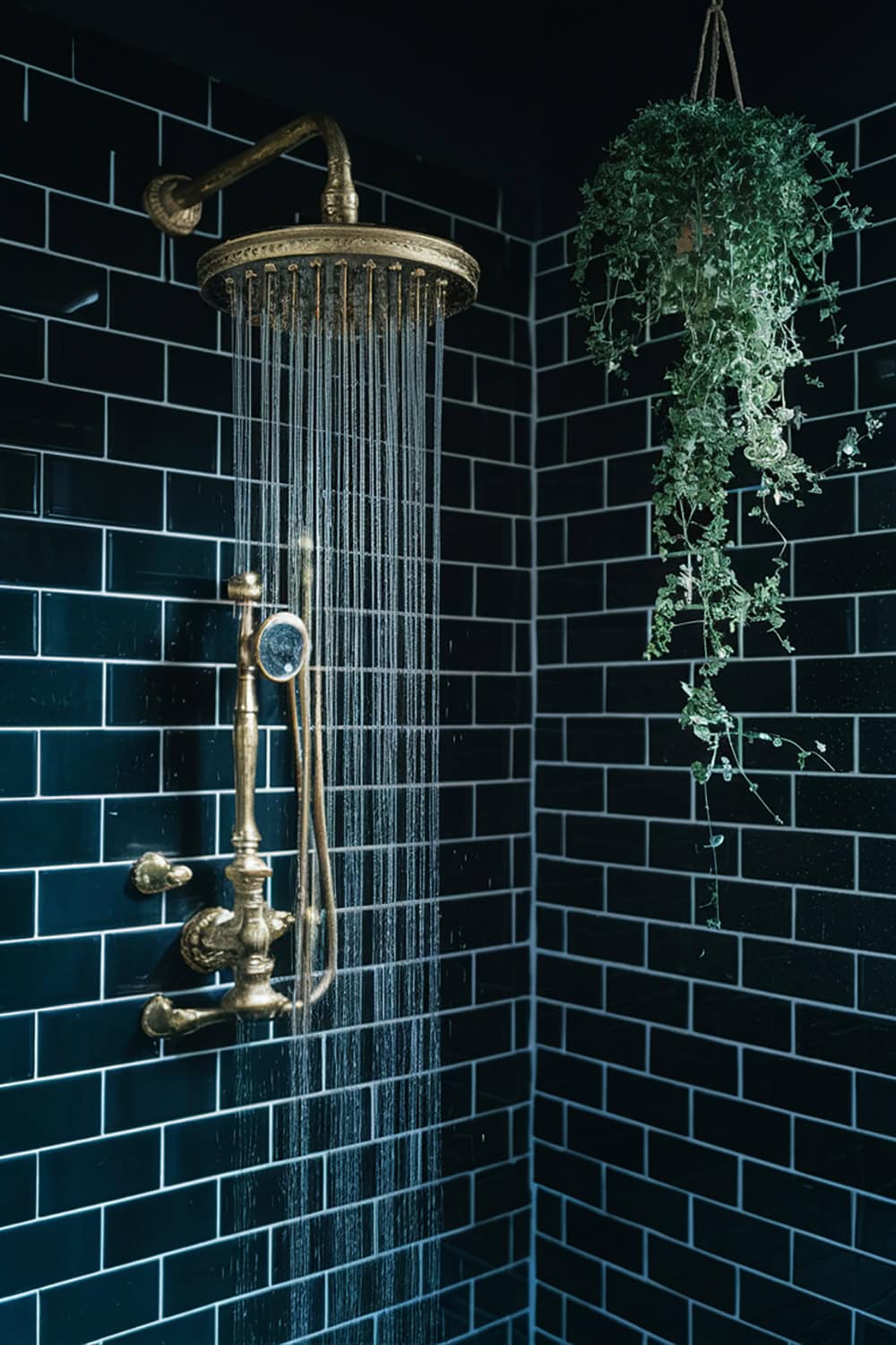 Vintage Brass Shower Head and Dark Subway Tiles