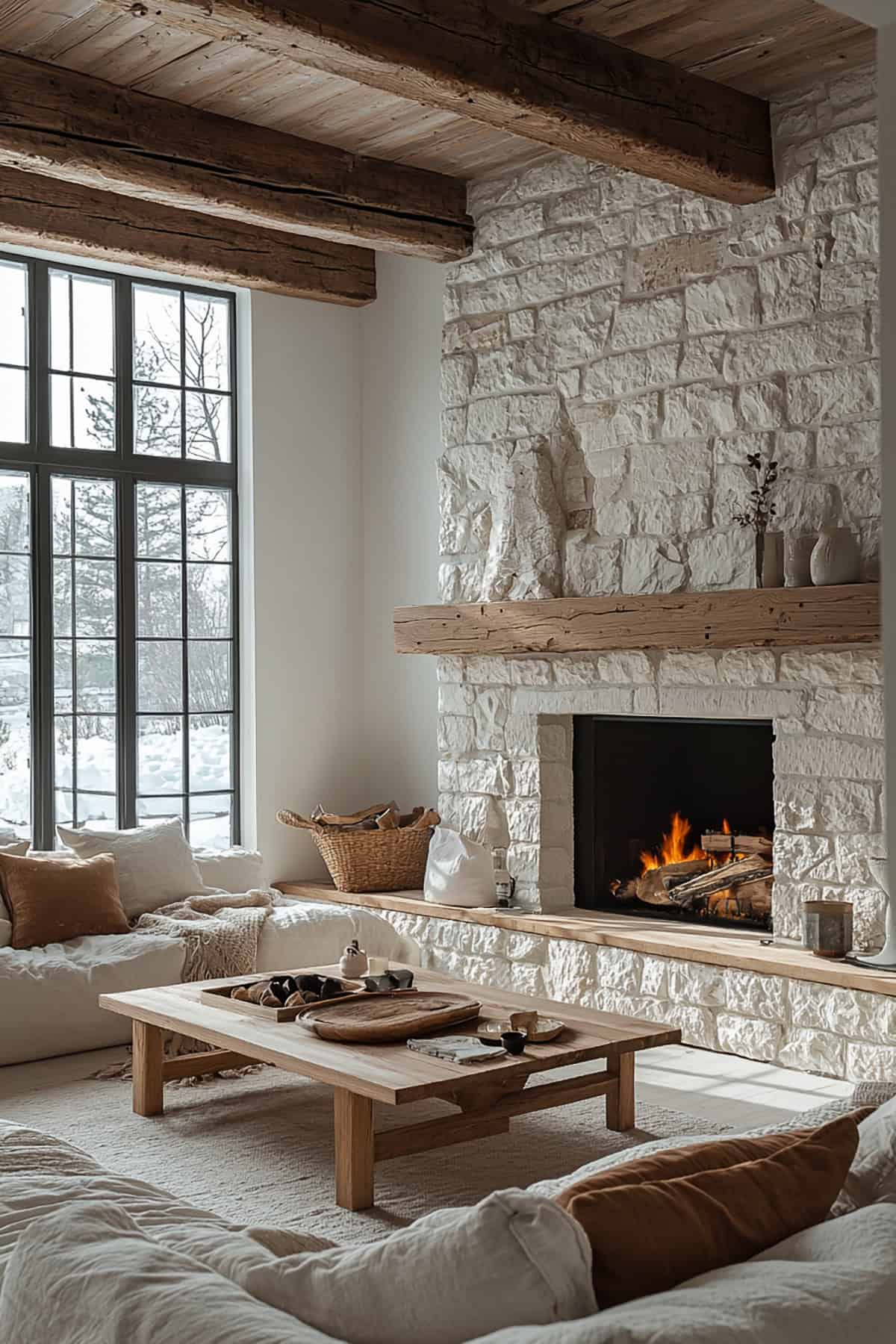 Japandi Fusion Living Room with Stone Fireplace