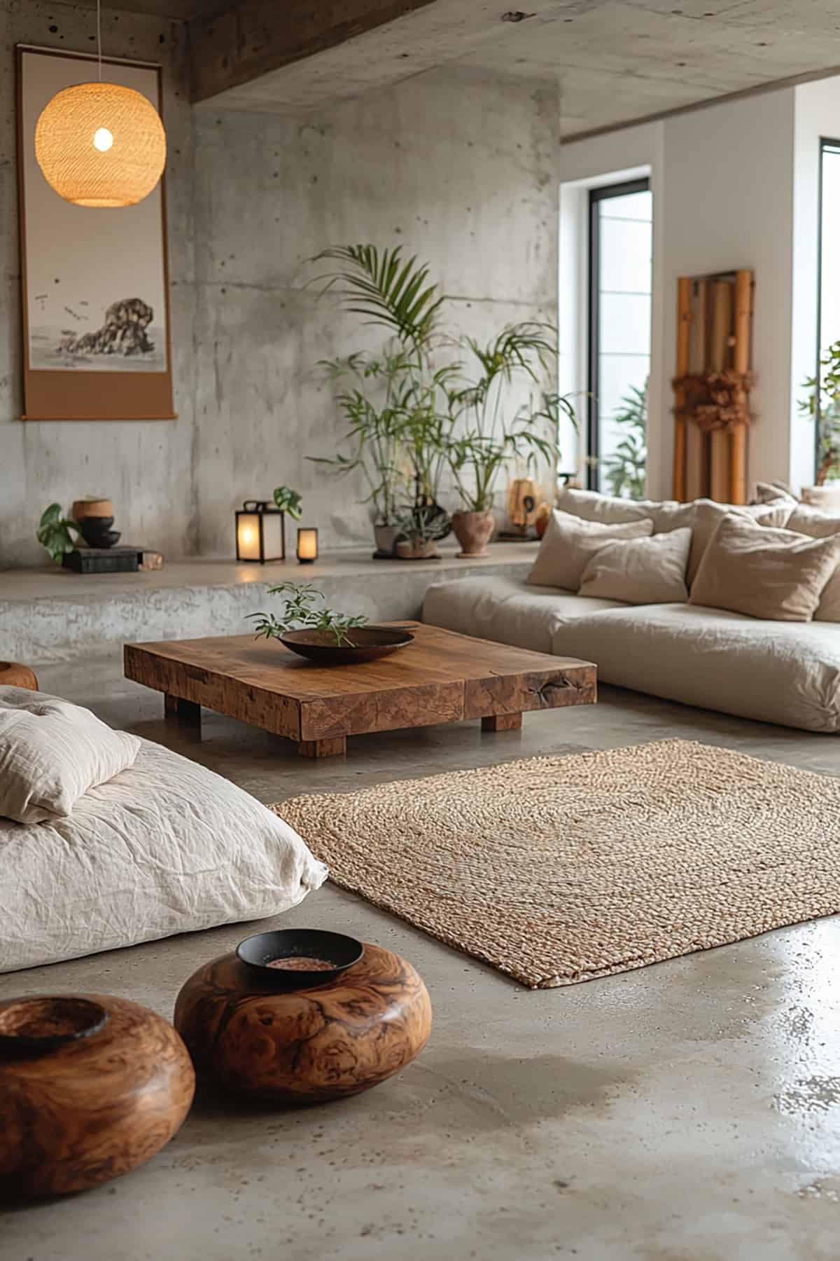 Japandi Inspired Living Room with Concrete Floors