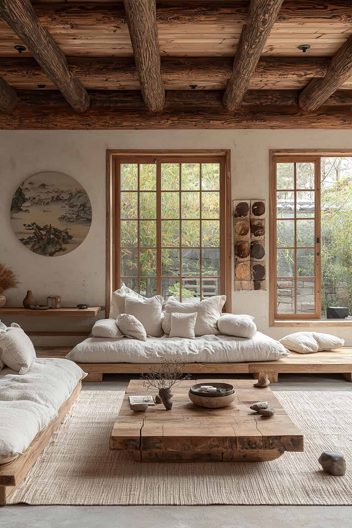 Japandi Inspired Living Room with Exposed Ceiling Beams