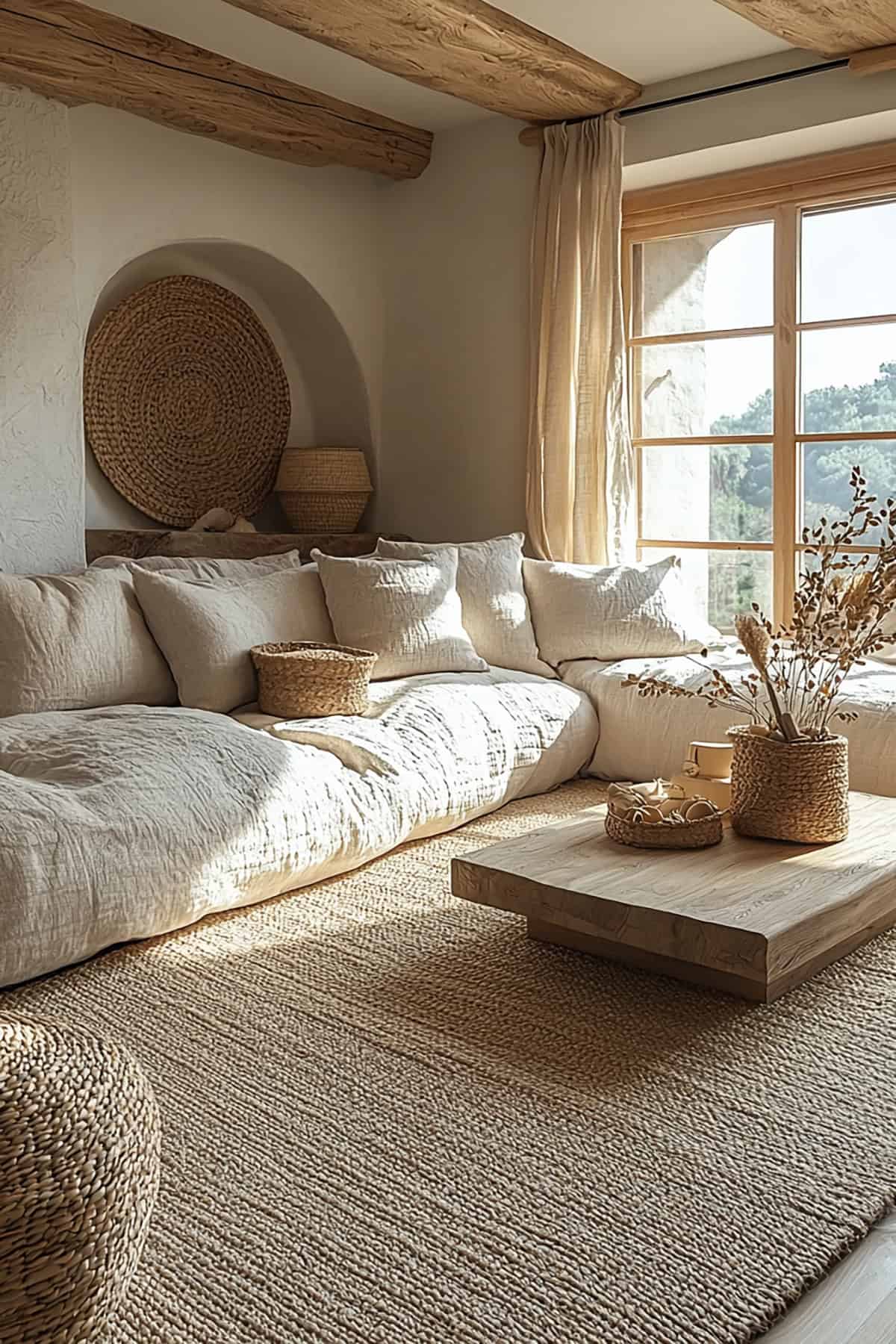 Japandi Inspired Living Room with Neutral Rug and Wood Accents