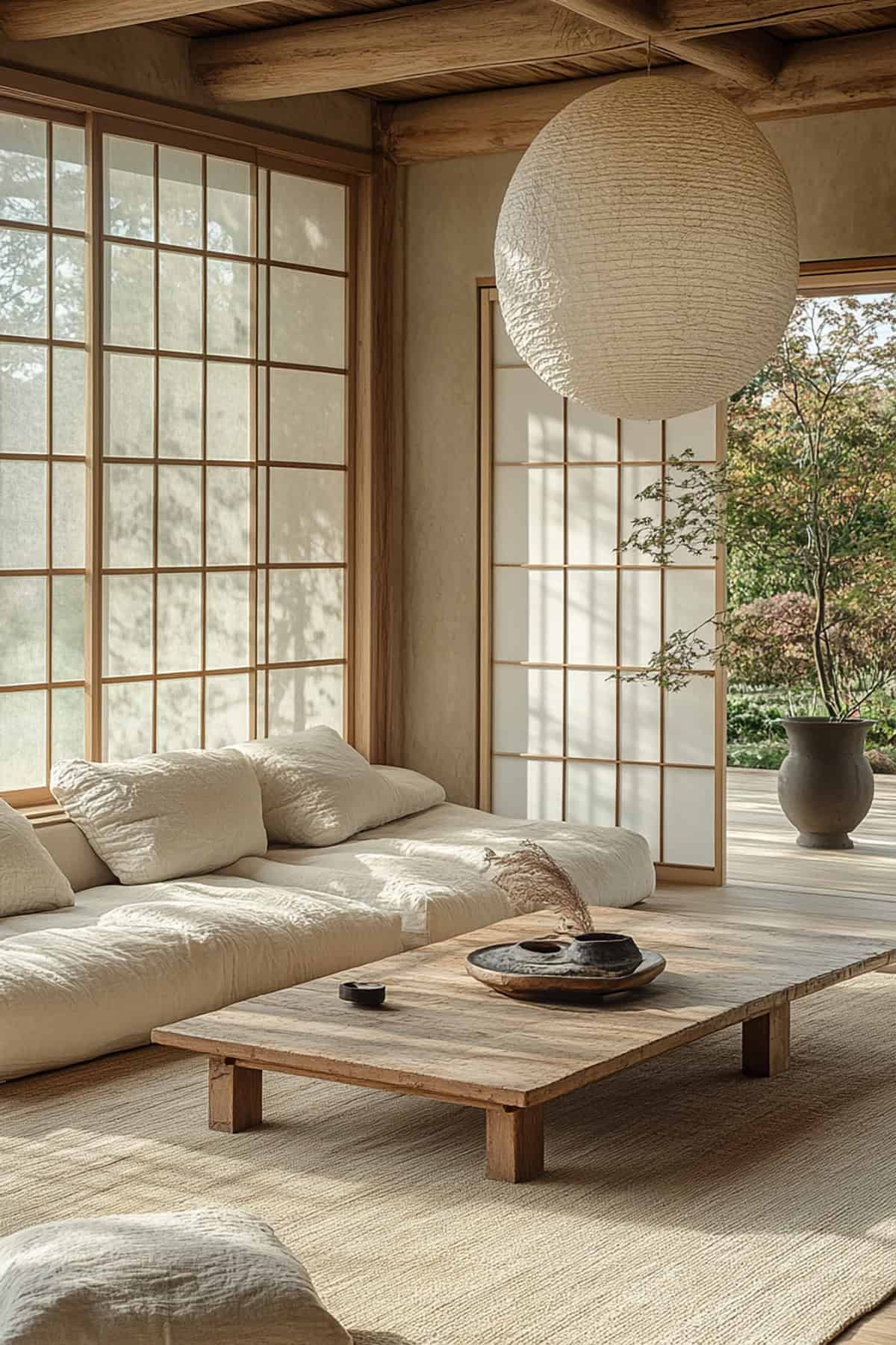 Japandi Inspired Living Room with Sliding Shoji Screens