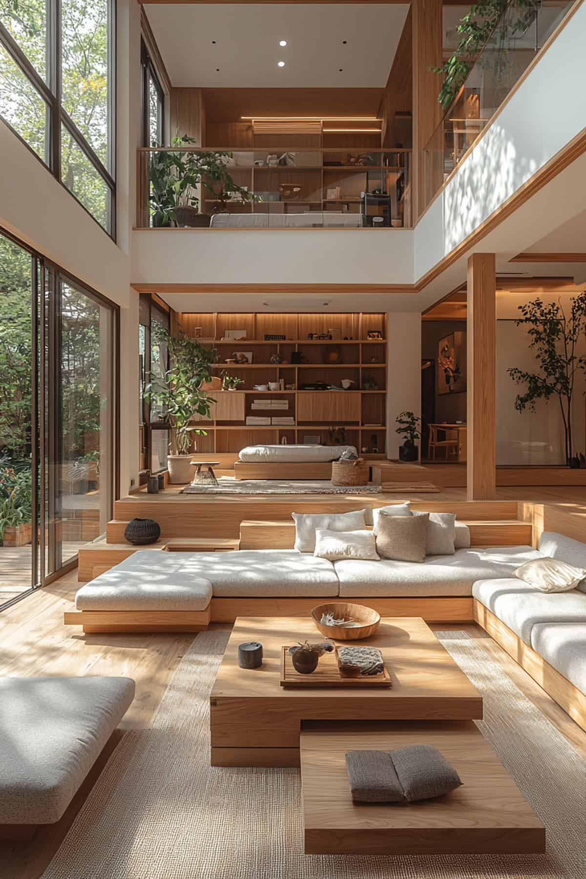 Japandi Living Room with Built in Wooden Shelves