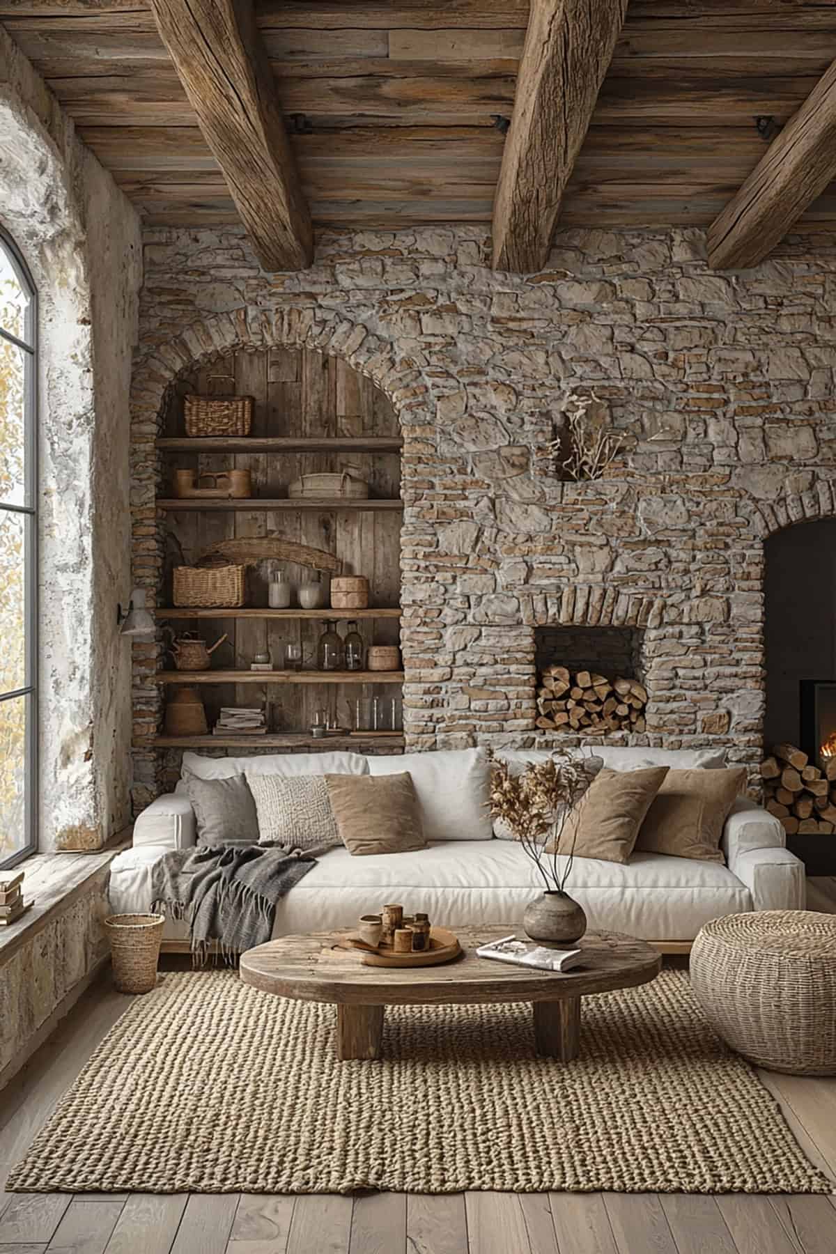 Japandi Living Room with Exposed Brick Wall