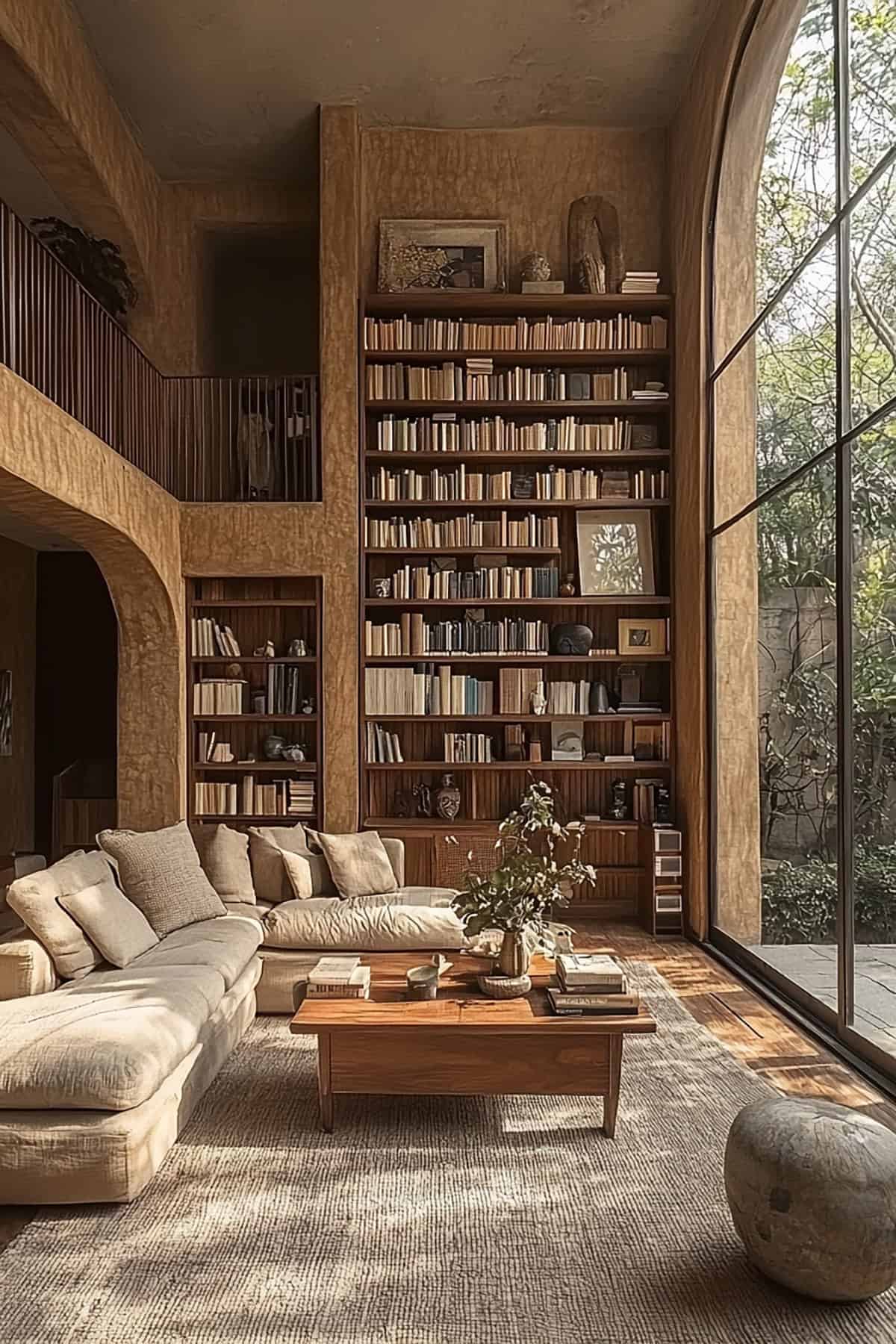 Japandi Living Room with Floor to Ceiling Bookshelves