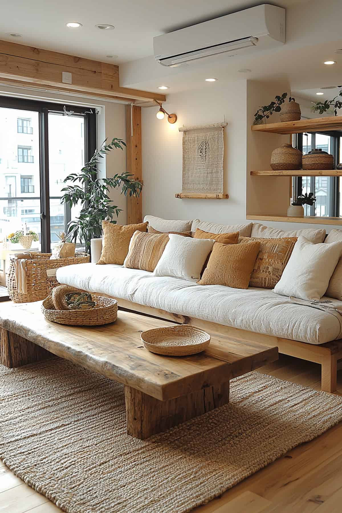 Japandi Living Room with Modern Sofa and Traditional Accents