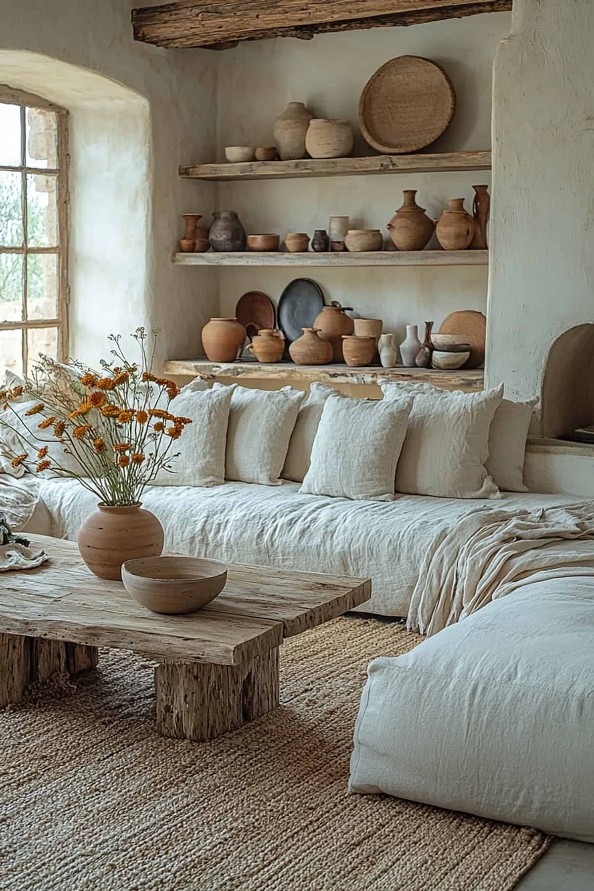 Japandi Living Room with Open Shelving and Sculptural Decor