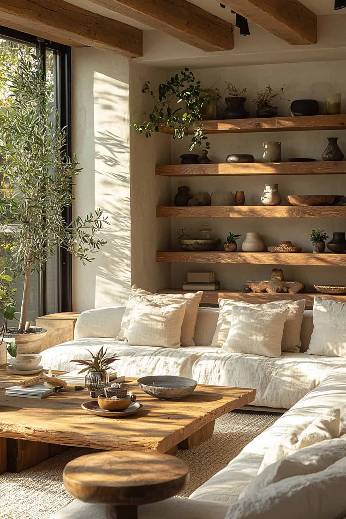 Japandi Living Room with Potted Plants and Wooden Shelves