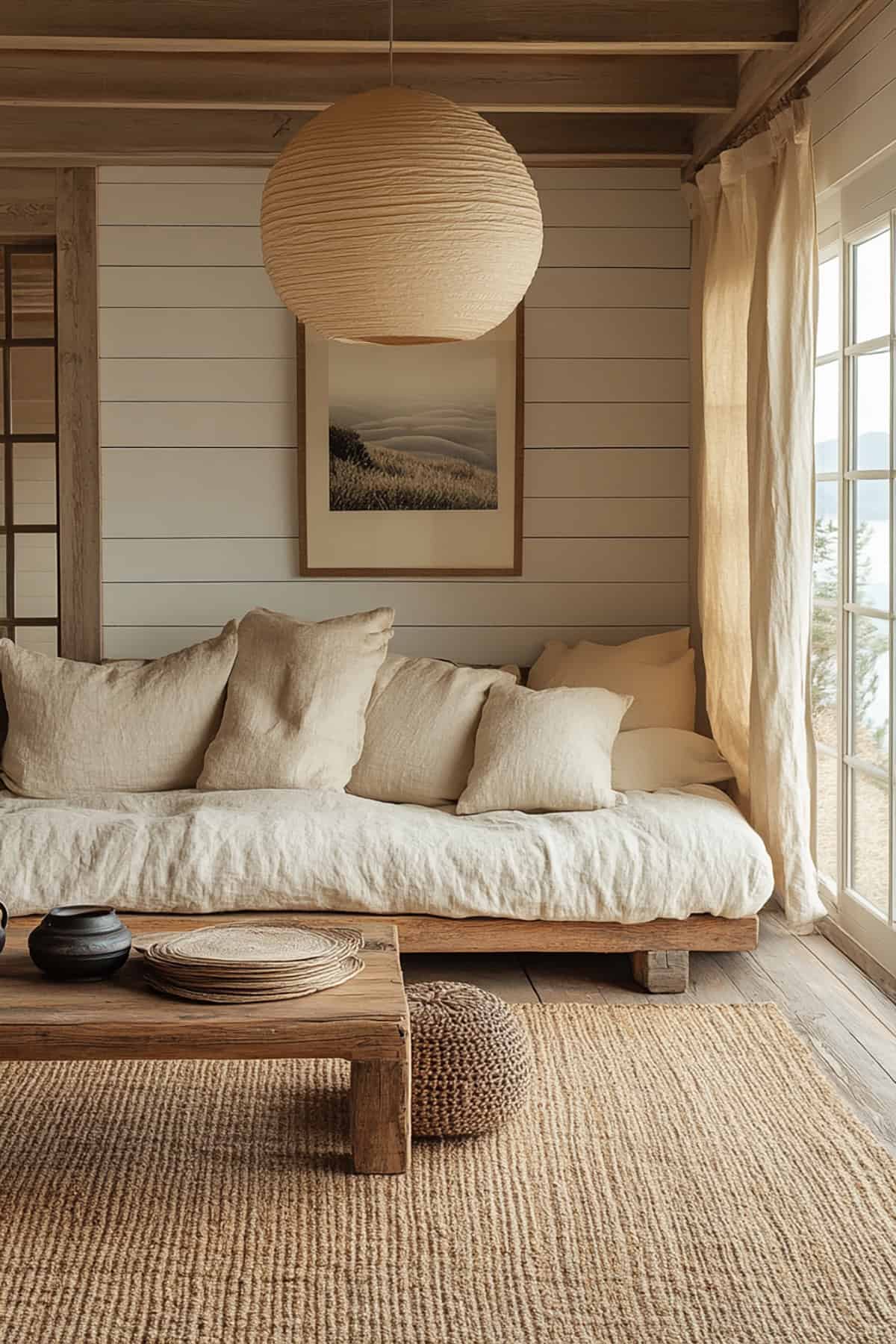 Japandi Living Room with Shiplap Walls and Low Furniture