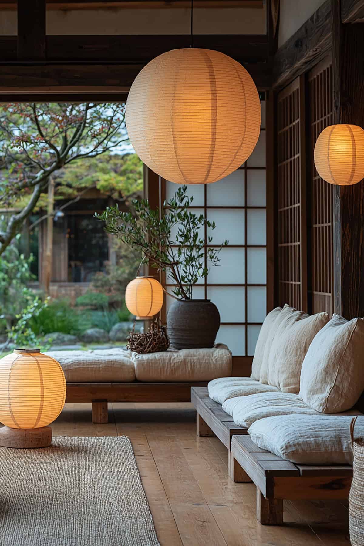 Japandi Living Room with Soft Lighting and Paper Lanterns