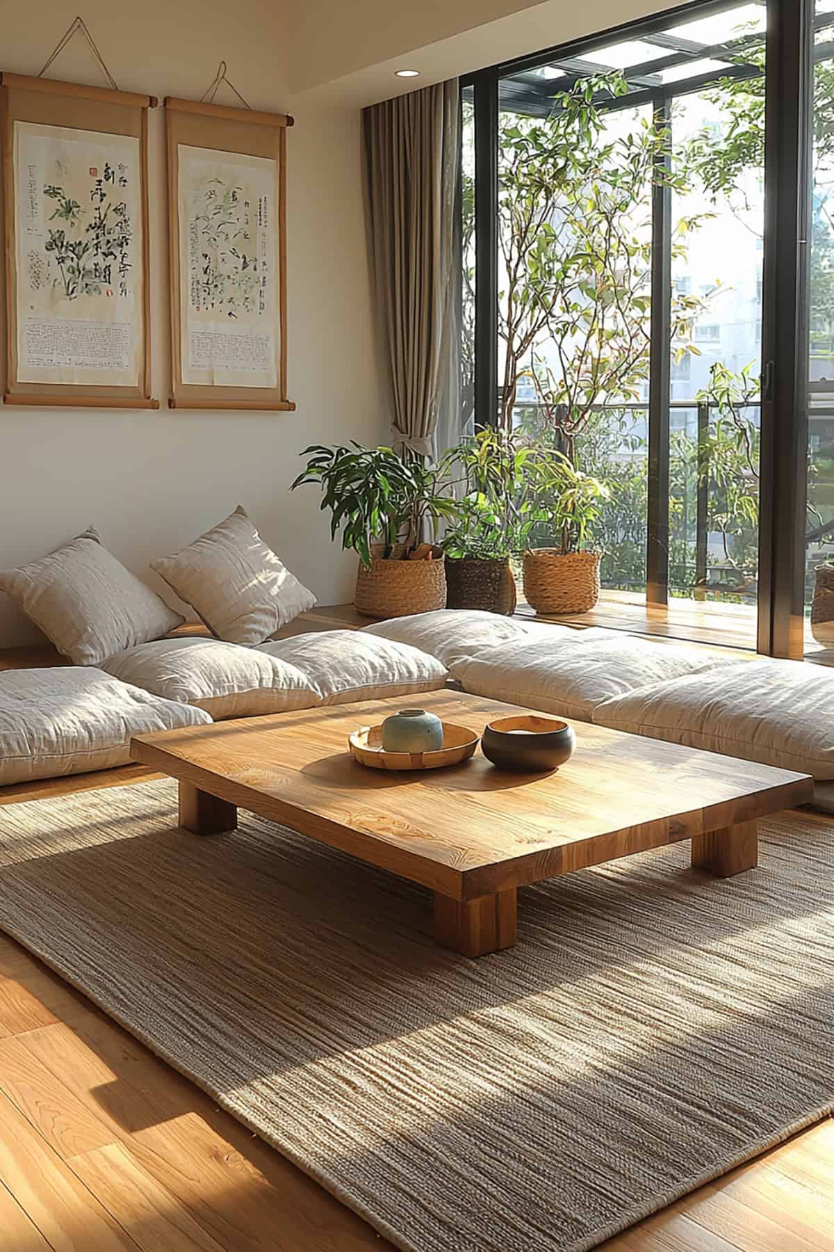 Living Room with Floor Seating and Low Wooden Table