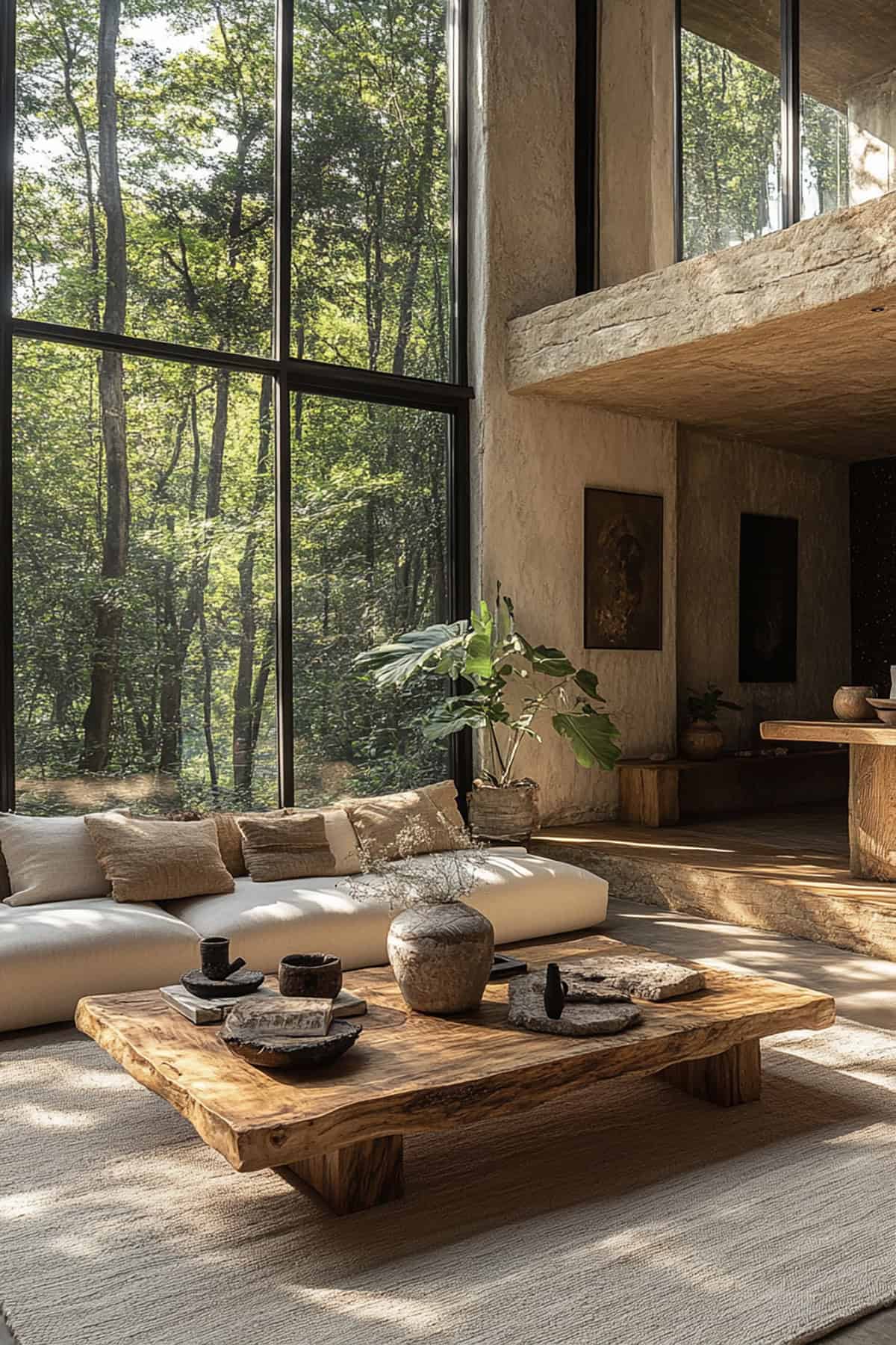 Living Room with Floor to Ceiling Windows and Organic Furniture