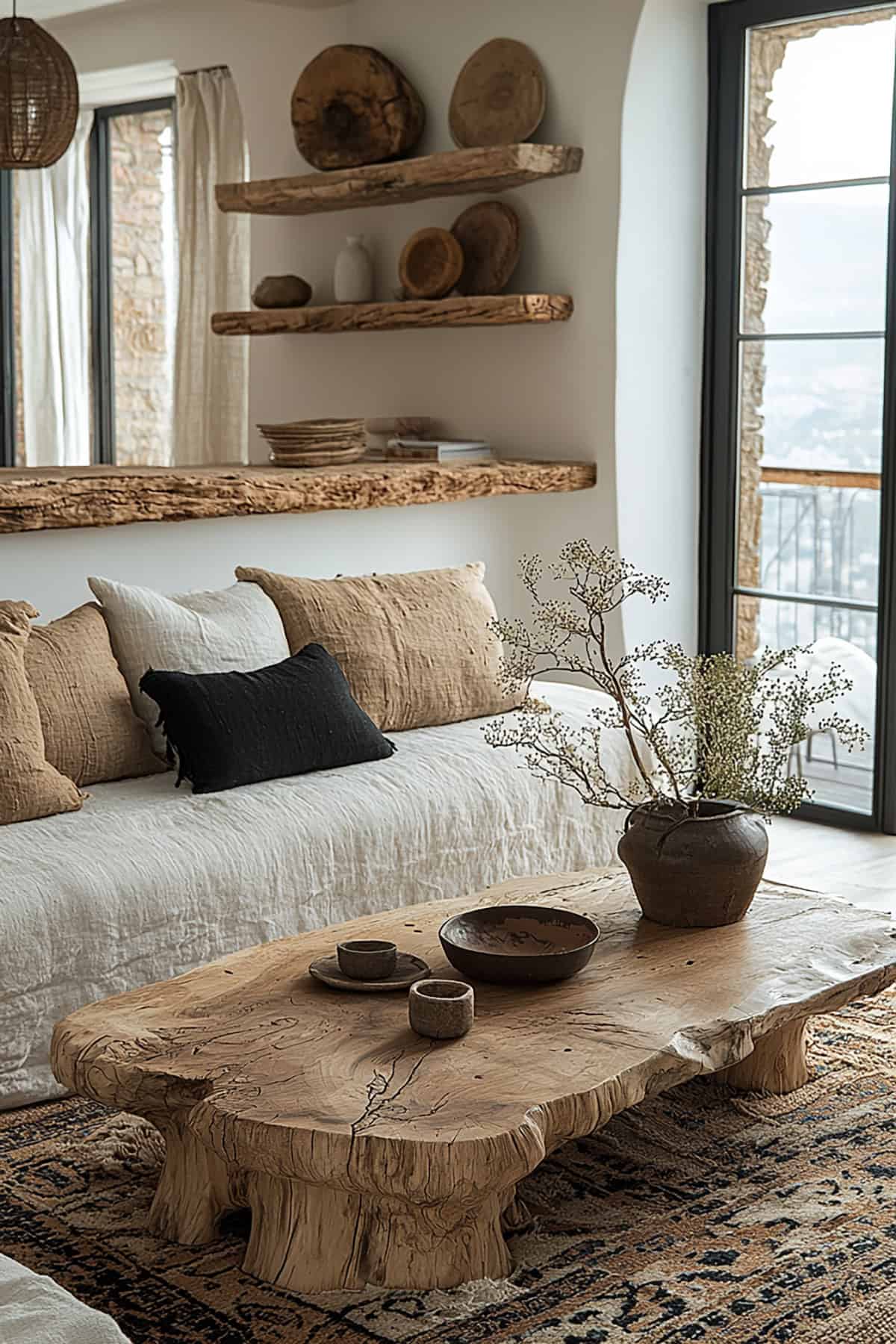 Living Room with Geometric Shapes and Organic Materials