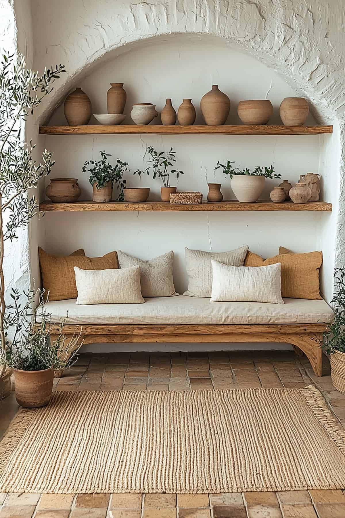 Living Room with Japandi Inspired Floating Shelves