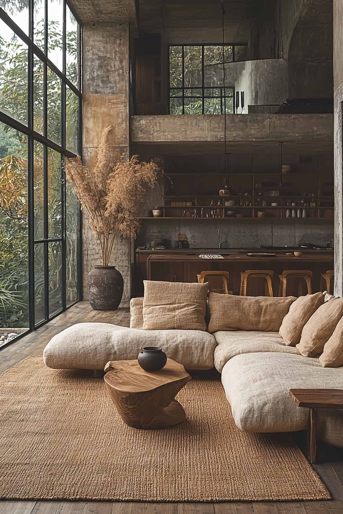 Living Room with Large Woven Rug and Modern Lighting