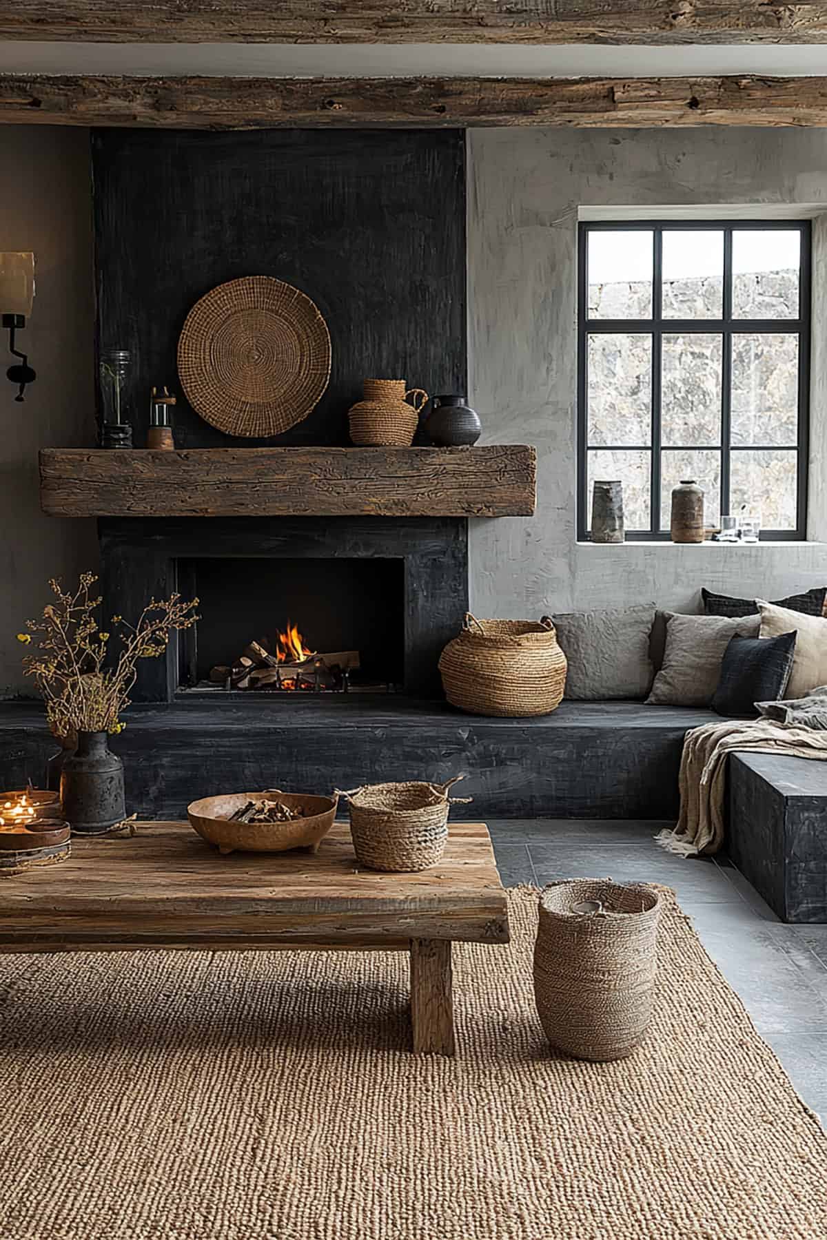 Living Room with Western Fireplace and Japanese Elements