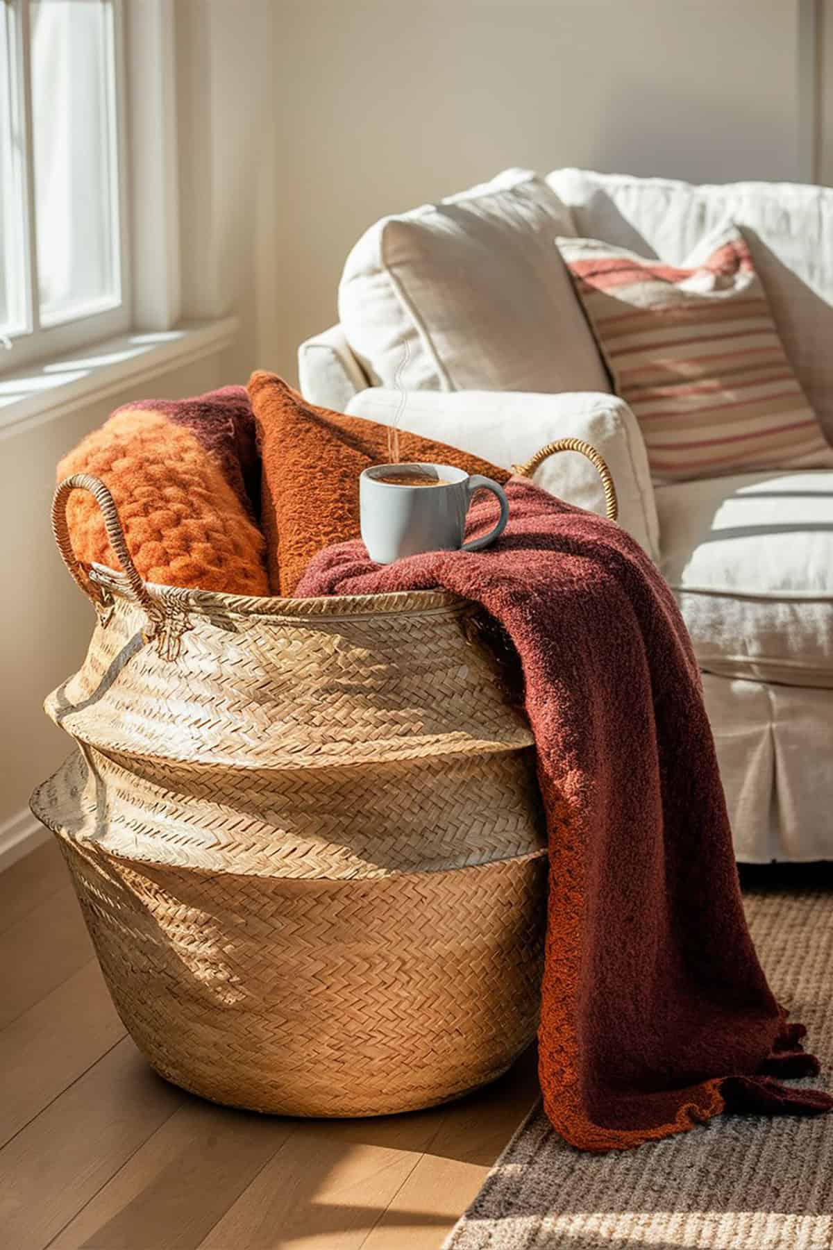 Natural Fiber Basket with Throws