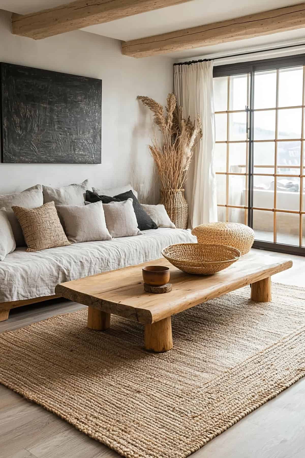 Neutral Japandi Living Room with Abstract Wall Art