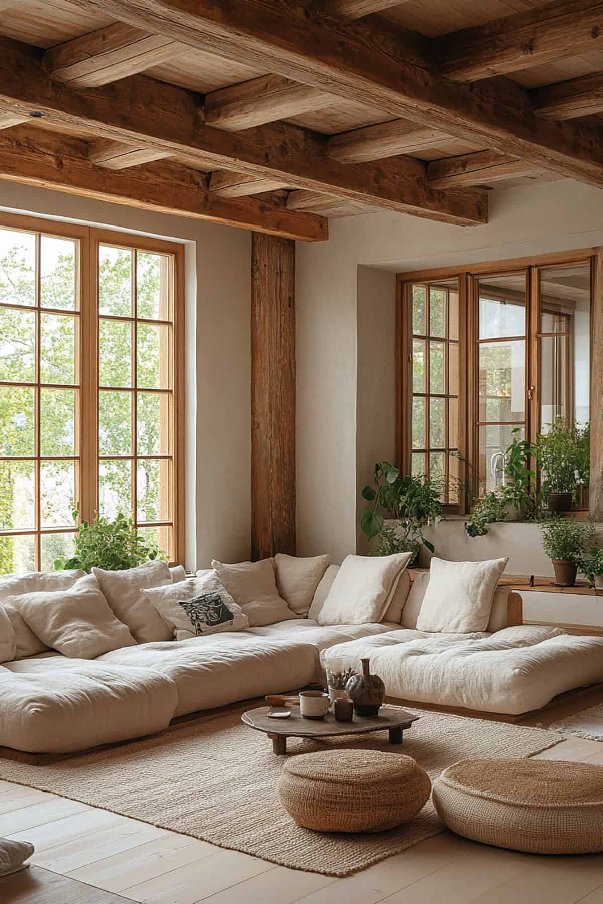 Neutral Toned Japandi Living Room with Wooden Beams