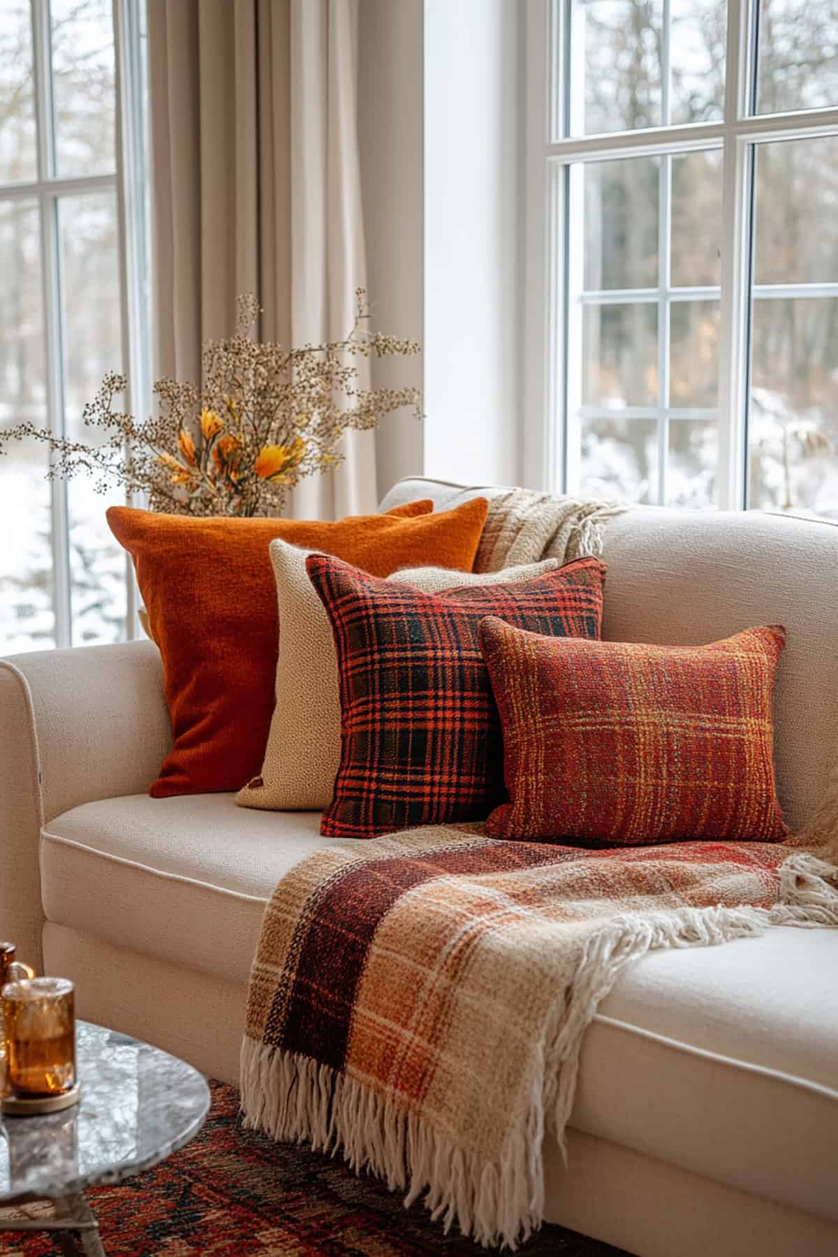 Plaid Throw Blankets on Sofa