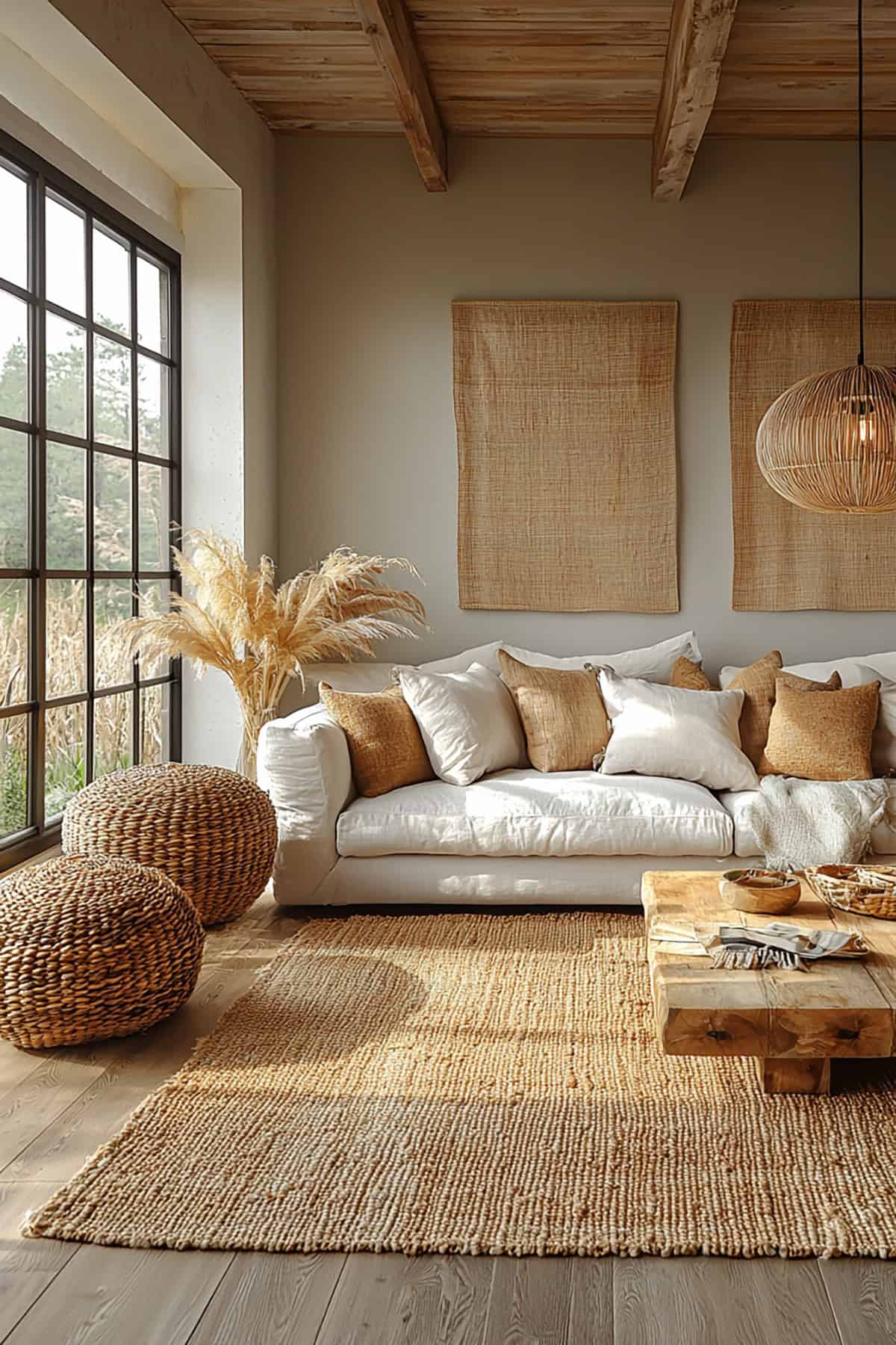 West Japandi Living Room with Woven Accents