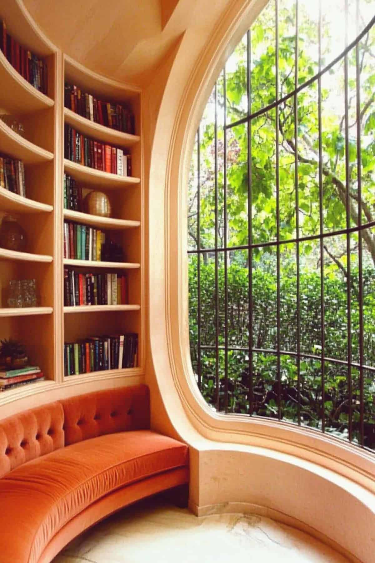 Arched Bookshelves Framing a Window