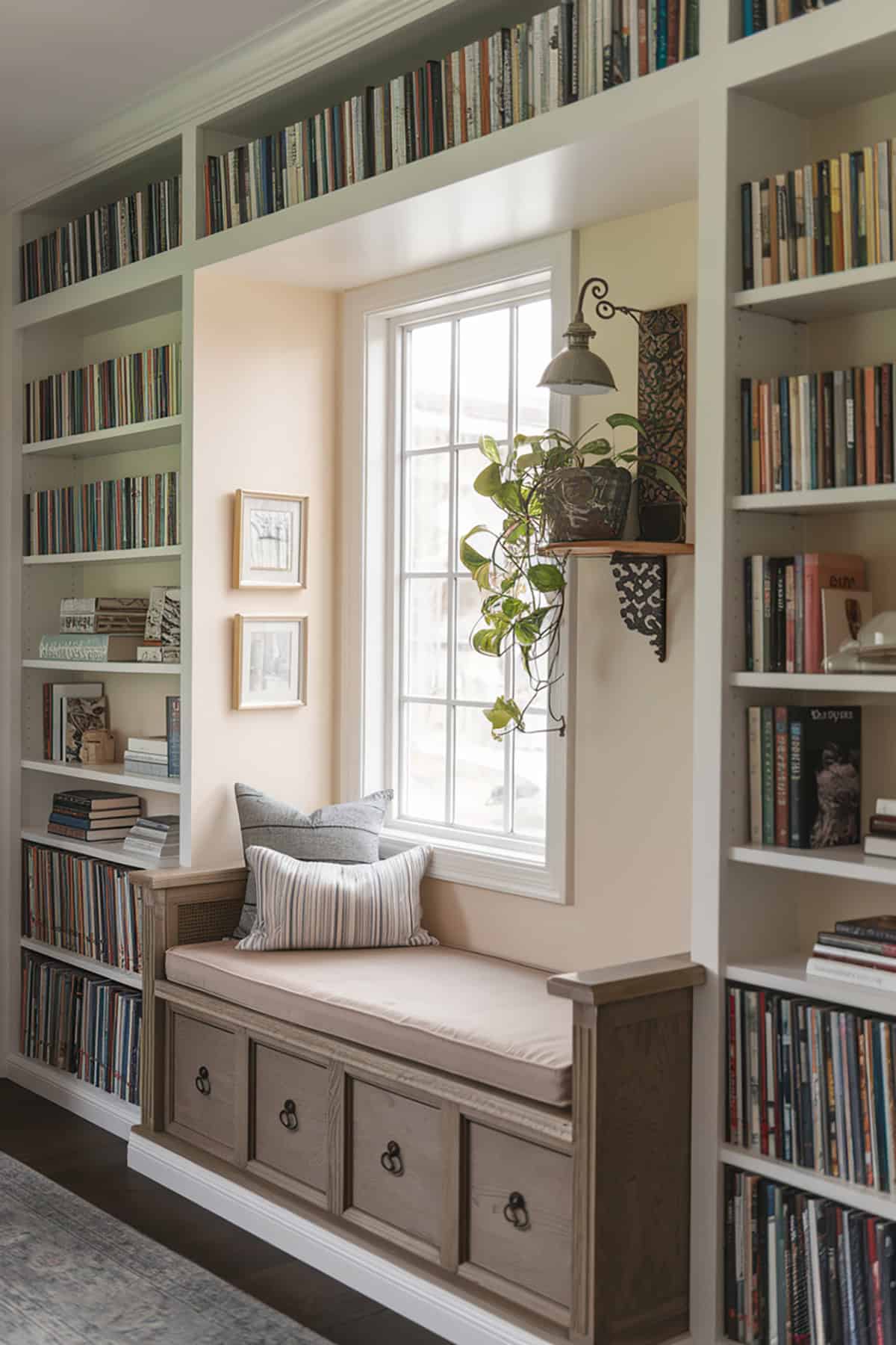 Built In Storage Bench with Overhead Shelving