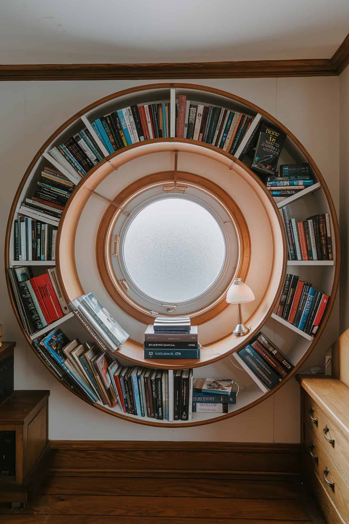 Circular Bookshelf Around a Porthole Window