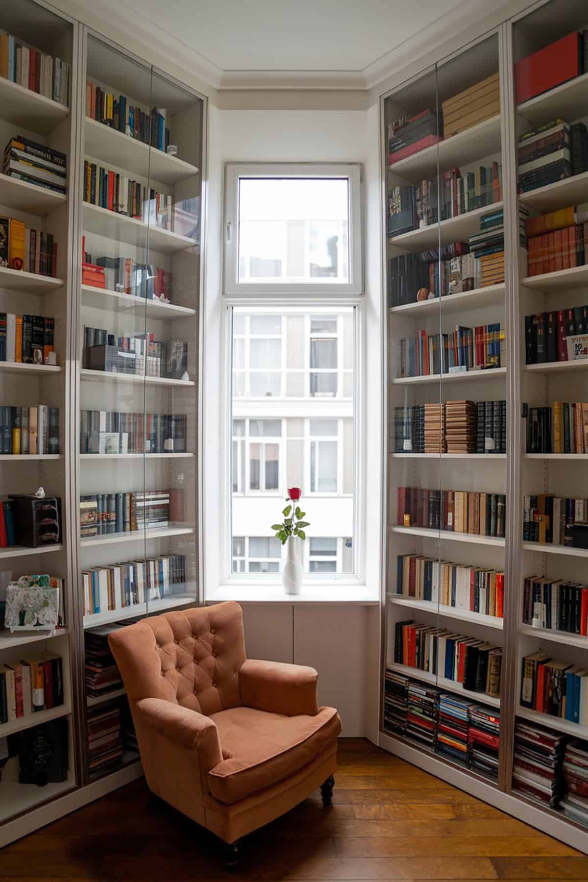 Glass Front Bookshelves Around Windows