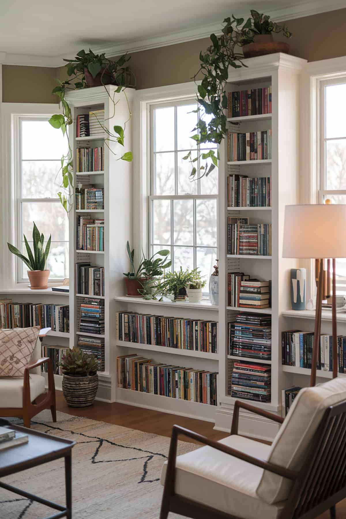 Inset Bookshelves Around Windows