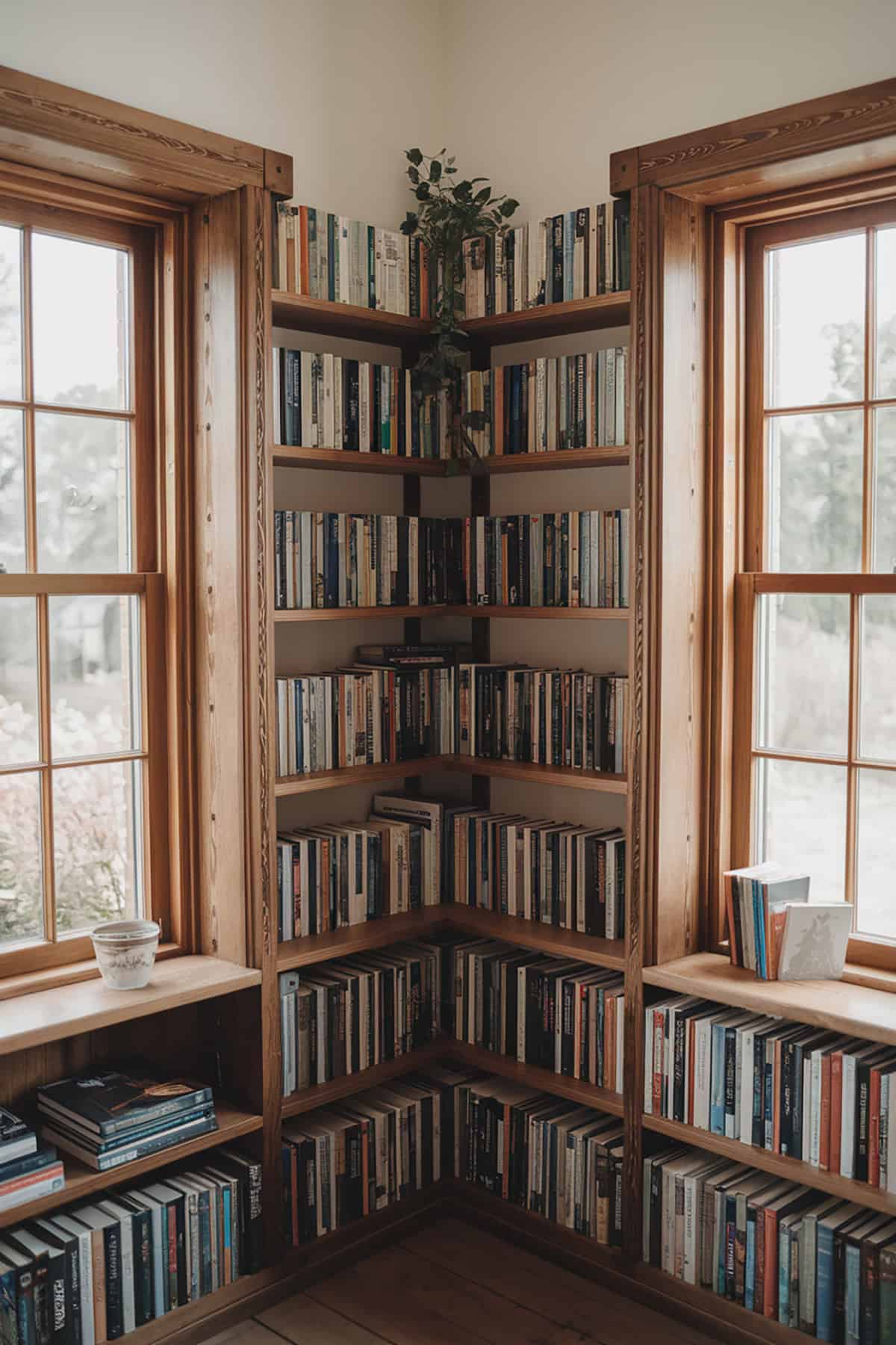 Rustic Wooden Shelves Around Cottage Windows