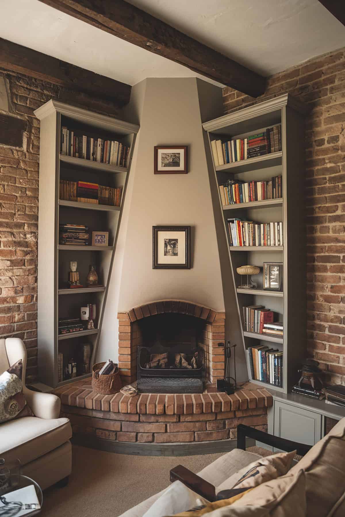 Bookshelves Built Around a Corner Fireplace