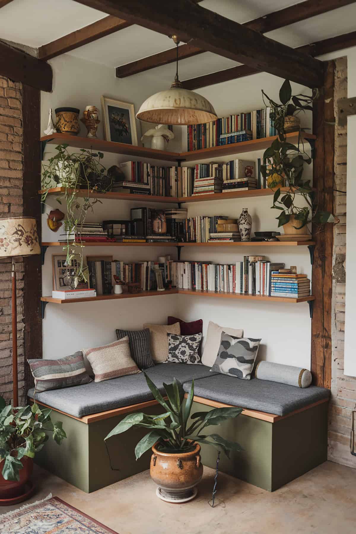 Bookshelves in an L Shaped Corner Bench