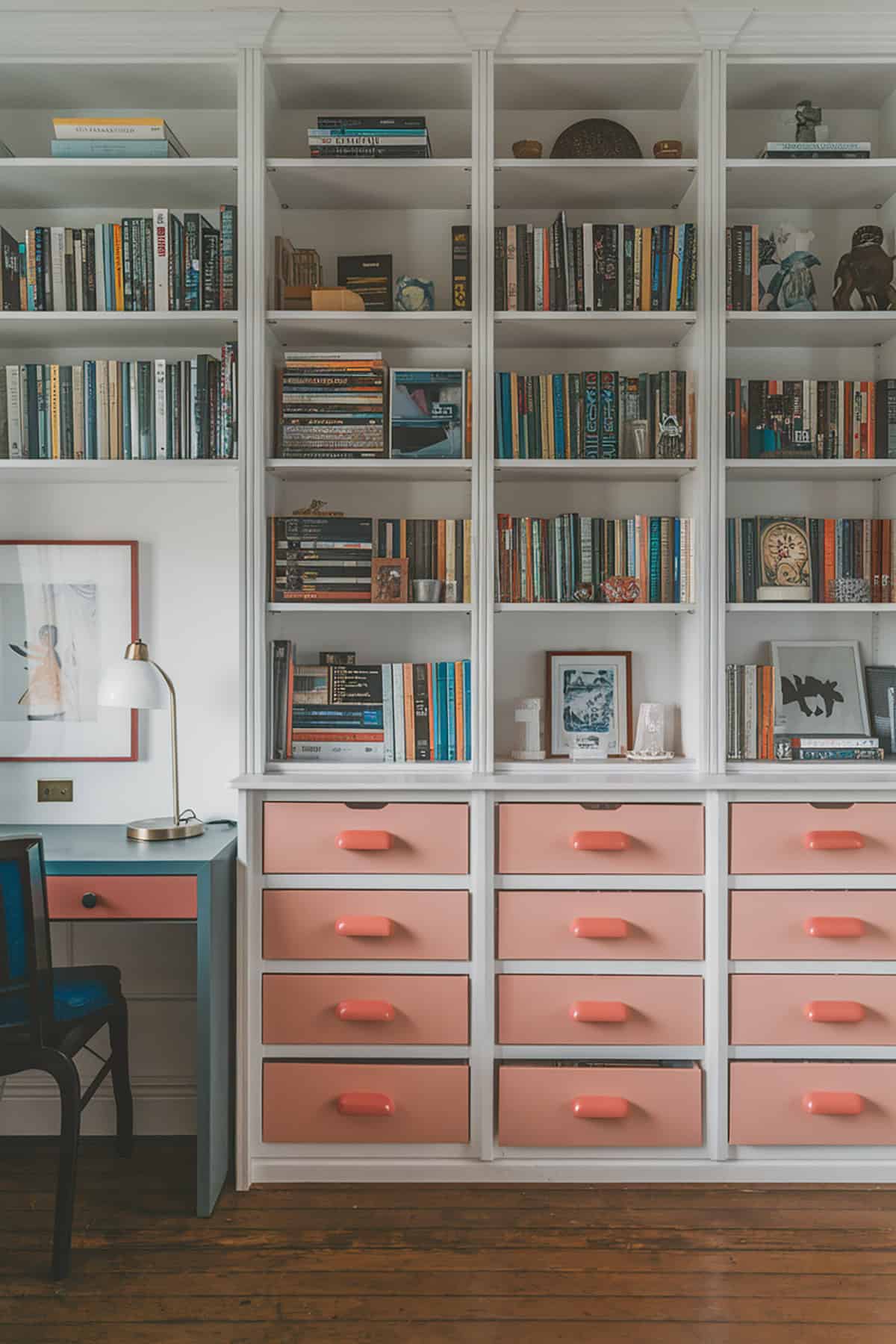 Bookshelves with Coral Drawers